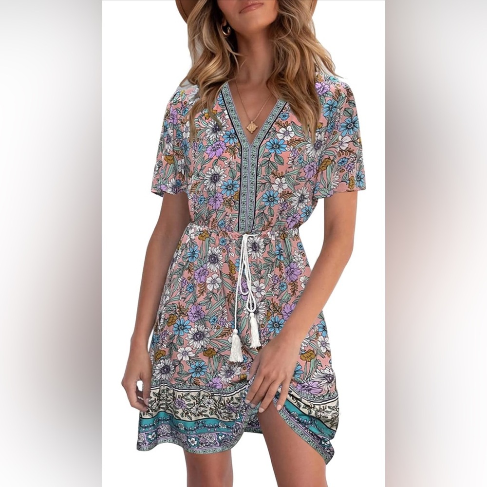 LEANI Summer V Neck Bohemian Floral Print Mini Dress Size XL